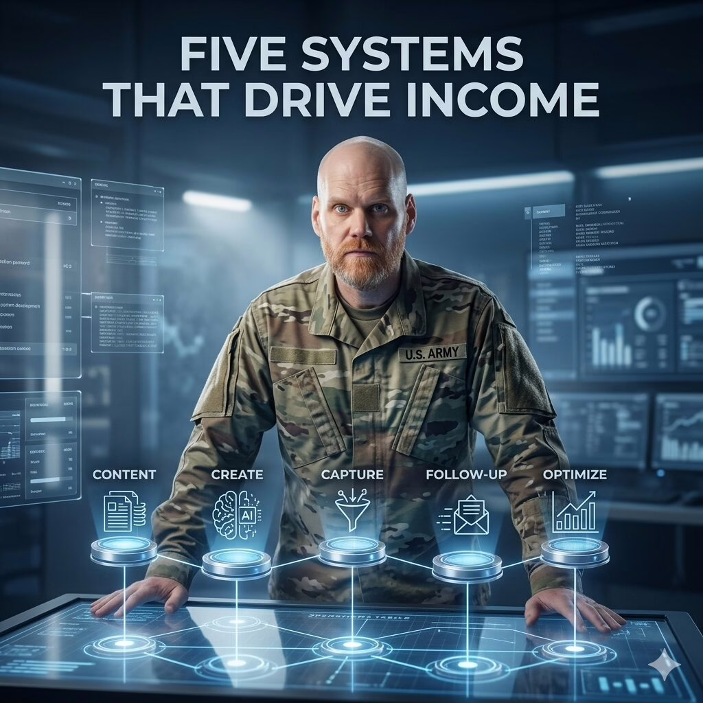Veteran using an AI business system workflow in a futuristic command center. Creating a repeatable online business process.