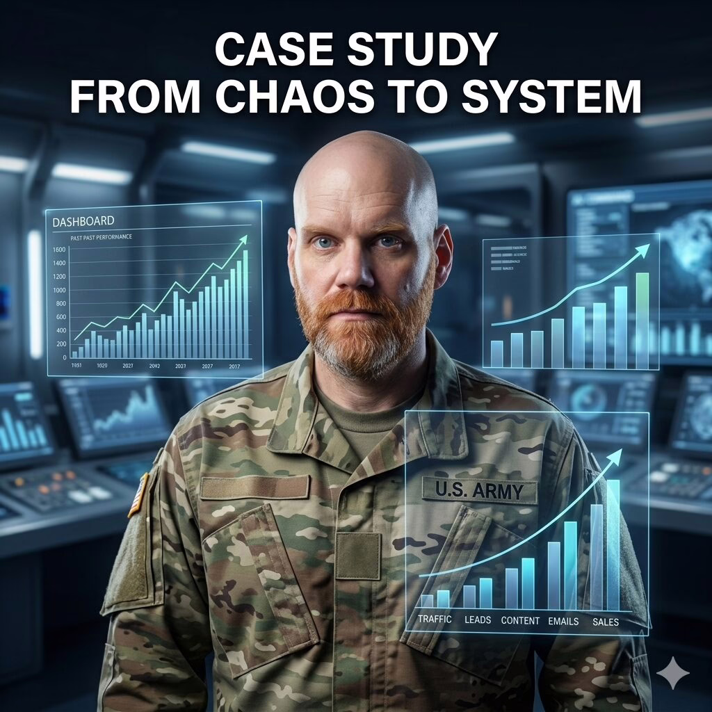Veteran using an AI business system workflow in a futuristic command center. Creating a repeatable online business process.